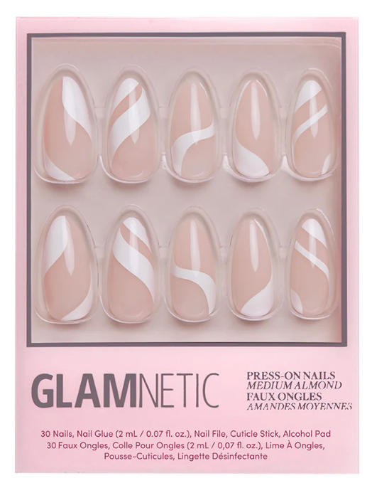 Marshmallow Swirl Press-on Nails - Medium Almond Long White