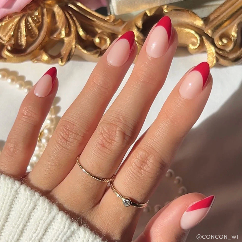 Rose Garden Press-on Nails - Red French Tip - Short Almond