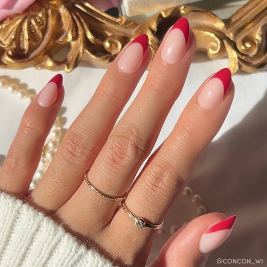 Rose Garden Press-on Nails - Red French Tip - Short Almond